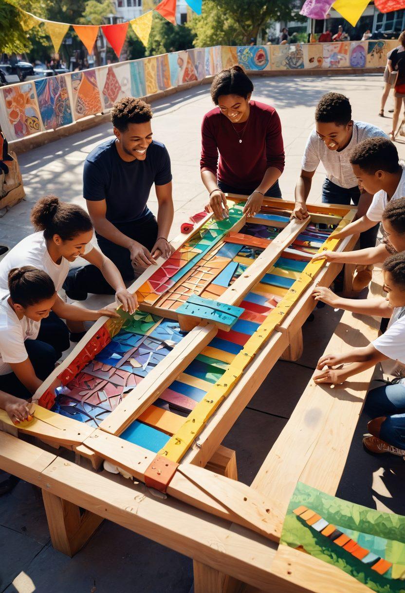 A diverse group of people from various backgrounds working together to build a colorful, symbolic bridge made of different materials and patterns, representing unity and collaboration. In the background, there are vibrant community spaces with banners showcasing inclusivity and cultural celebrations. Soft sunlight filters through the scene, highlighting their teamwork and smiles. super-realistic. vibrant colors. warm atmosphere.