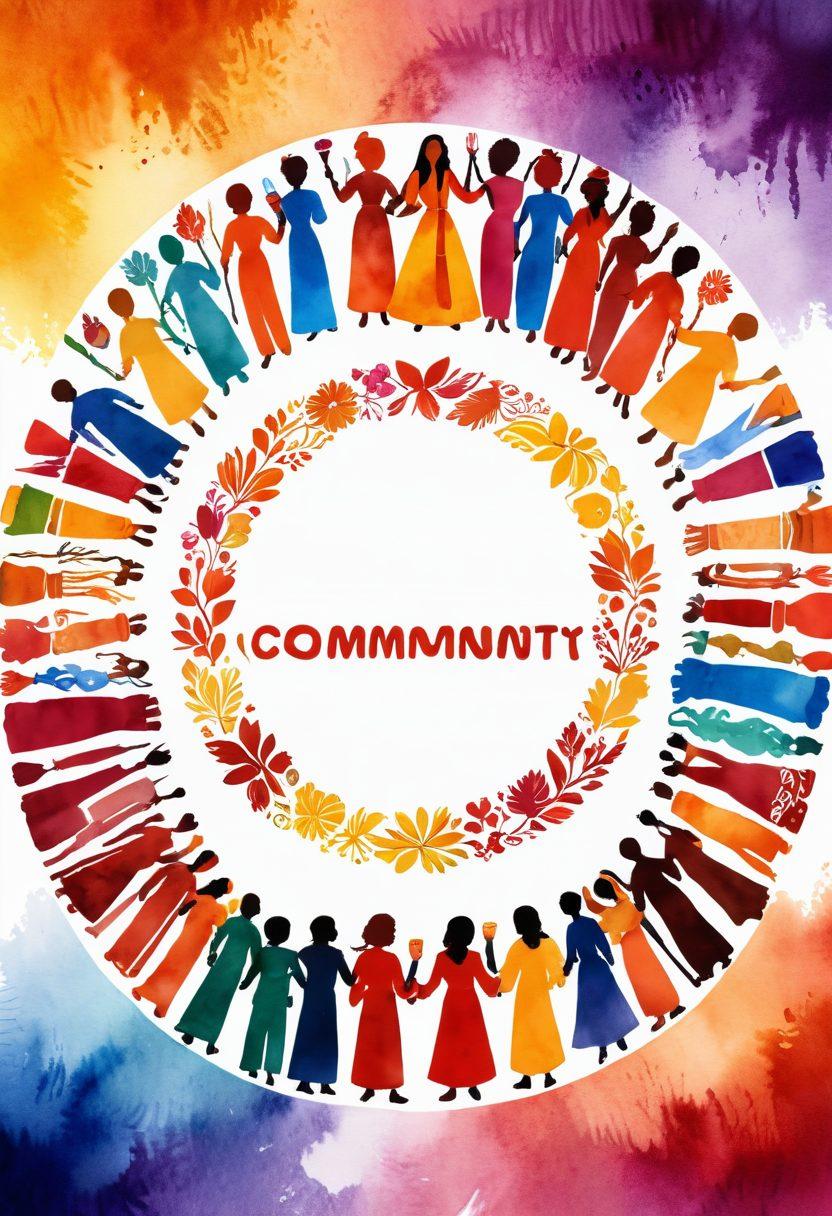 A vibrant tapestry showcasing diverse cultural symbols and icons from various communities such as traditional clothing, festivals, and food. Include silhouettes of people from different backgrounds coming together, forming a circle of unity. Use bright, warm colors to depict a joyful atmosphere. Overlay the image with elements representing community values like respect, love, and acceptance. watercolor style. vibrant colors. white background.