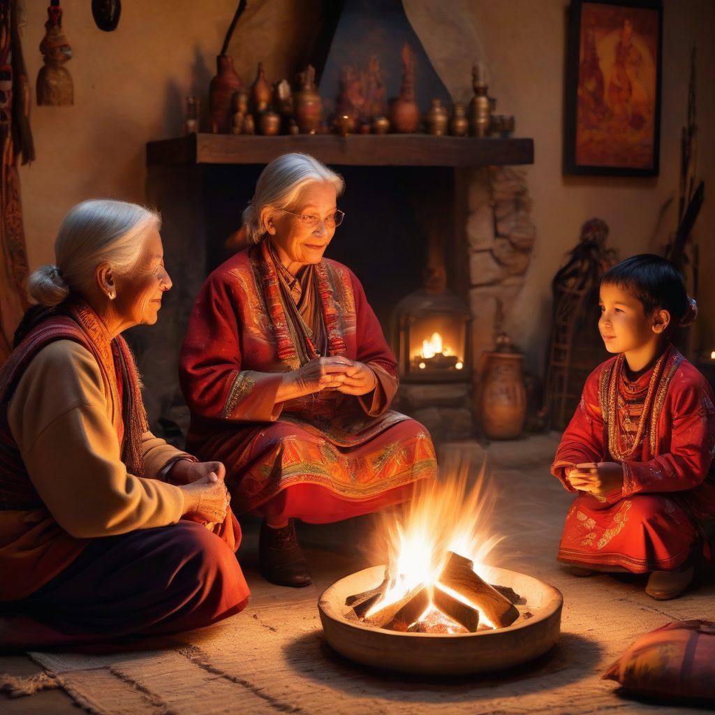 an elderly person sharing stories with children around a fire, depicting various traditional clothing from different cultures, surrounded by artifacts that represent diverse customs, soft warm lighting to create a cozy atmosphere, symbolizing the passing down of heritage, vibrant colors, painterly style.